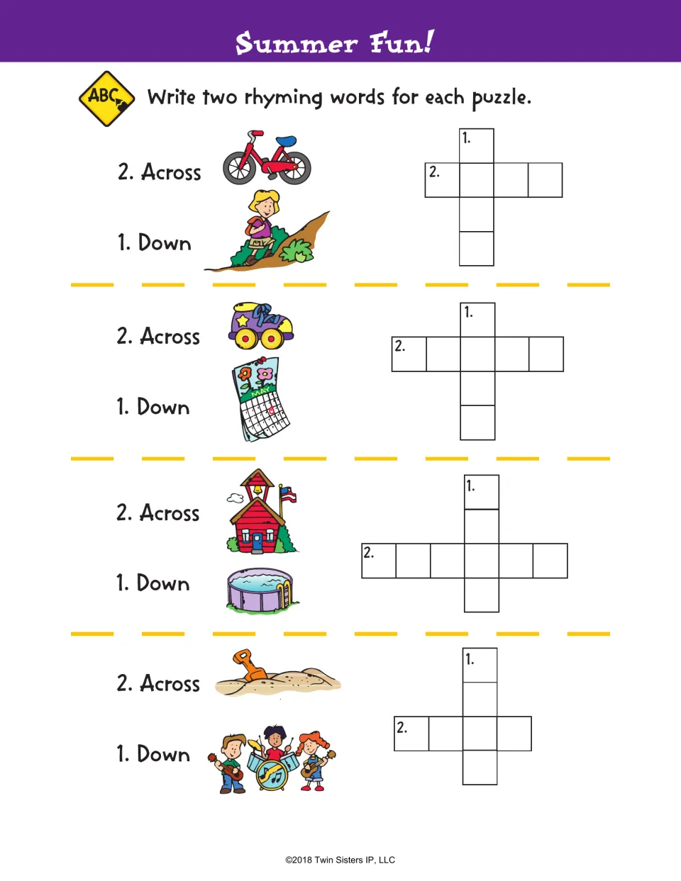 Summer Fun! rhyming: students name picture pairs like bike and hike or school and pool and fill in mini crosswords