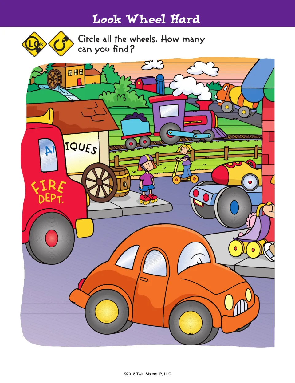 Look Wheel Hard: students circle and count every wheel on a fire truck, train, car, scooter and skates in a busy scene