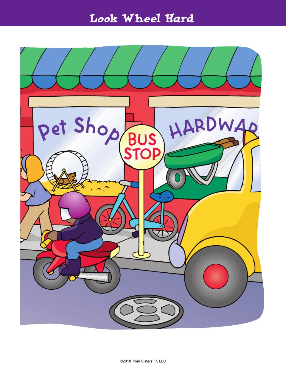 Second Look Wheel Hard street scene with a pet shop hamster wheel, bike, motorbike, wheelbarrow and yellow car to search