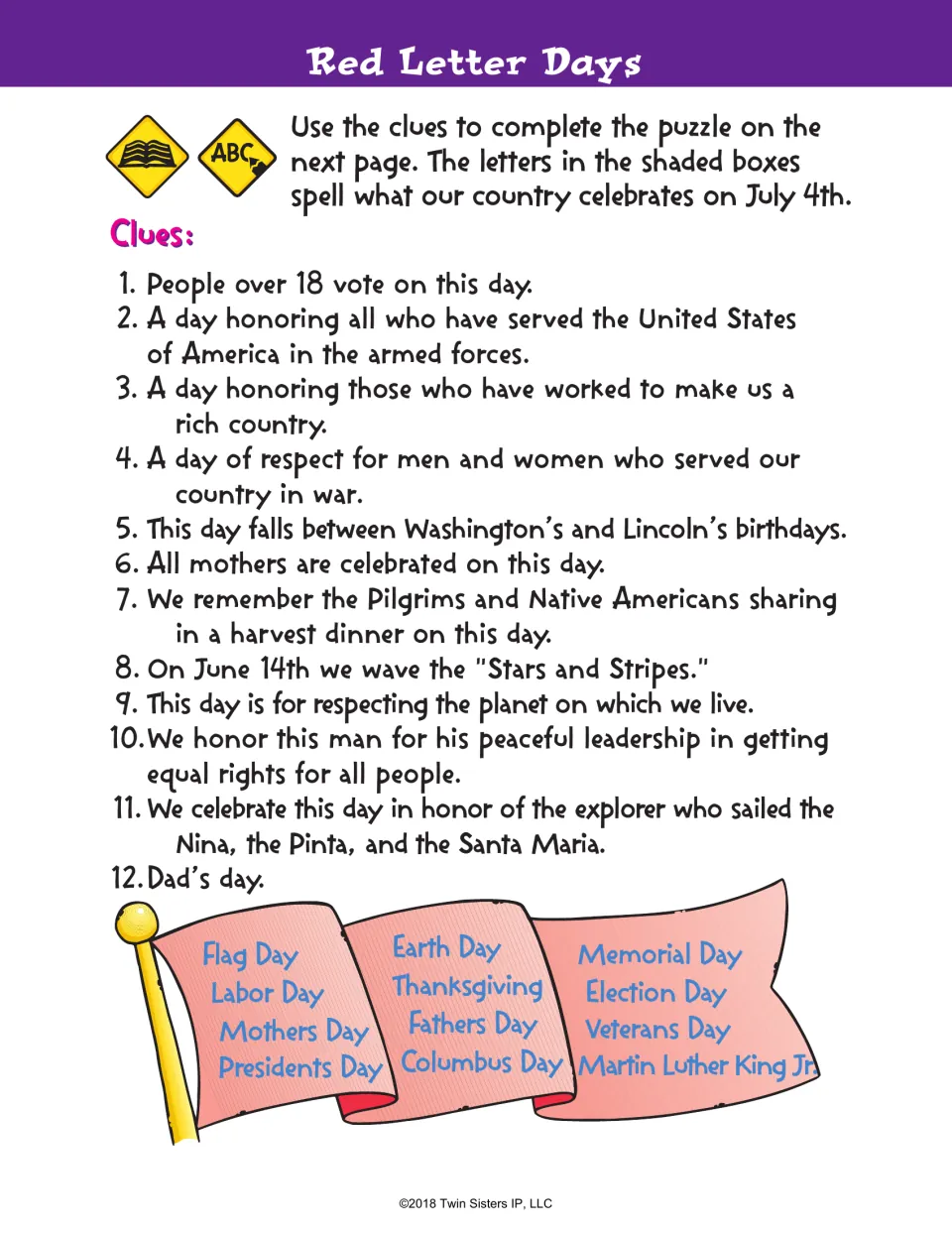Red Letter Days clues: students read 12 clues about U.S. holidays and choose answers from a word bank such as Flag Day
