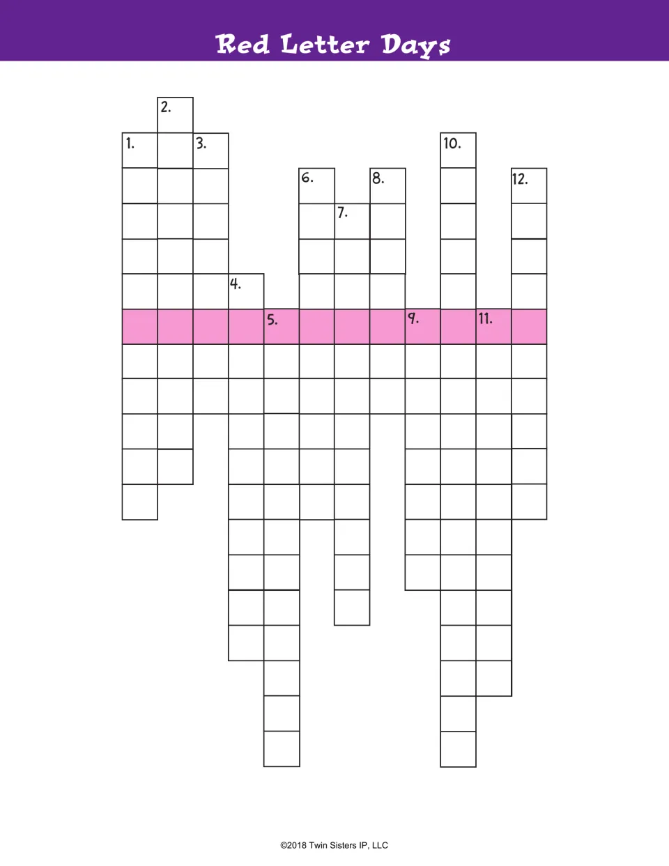 Red Letter Days puzzle: students write 12 holiday names in numbered spaces so the shaded row spells the July 4th holiday