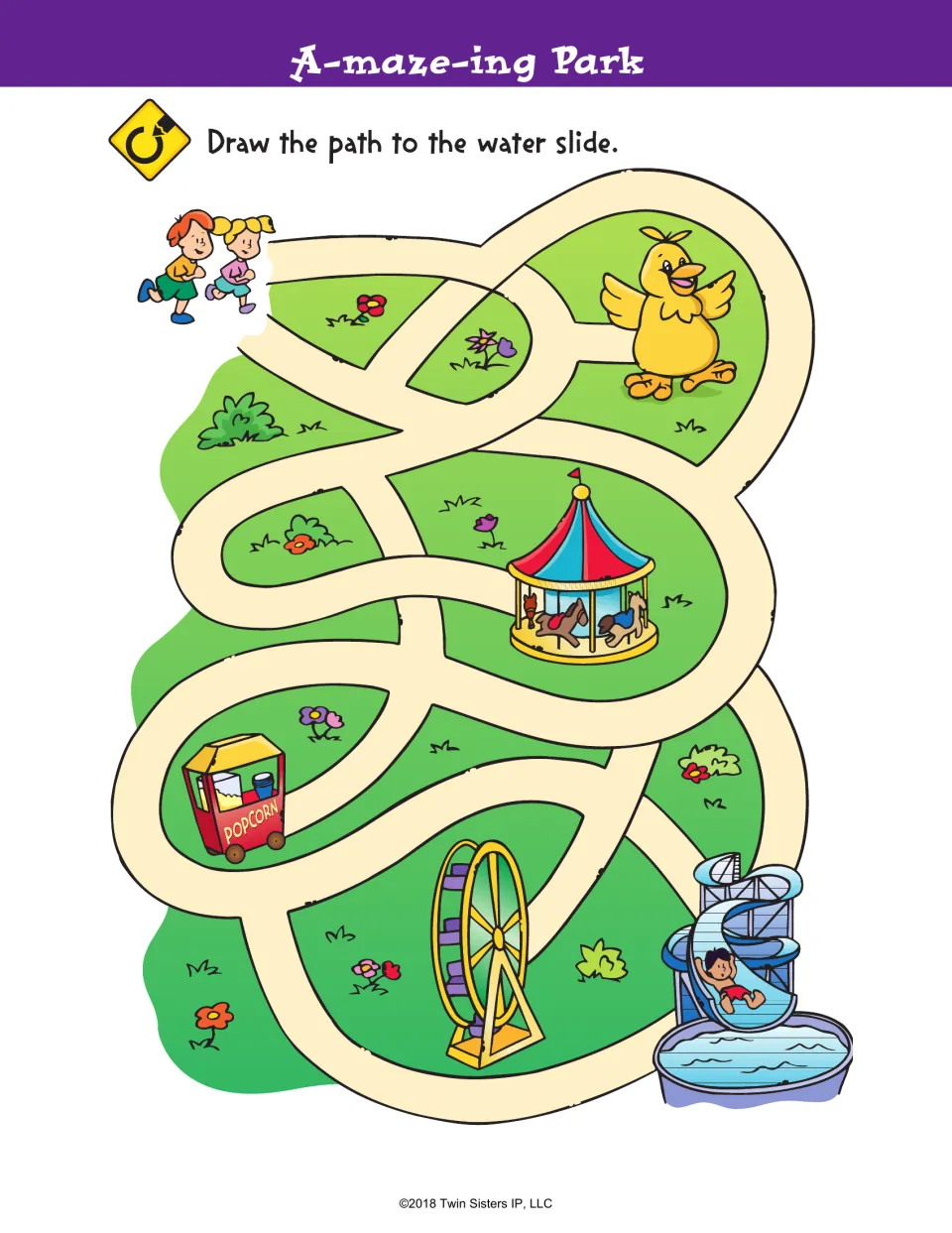 A-maze-ing Park: students draw the path from two running children through an amusement park maze to the water slide