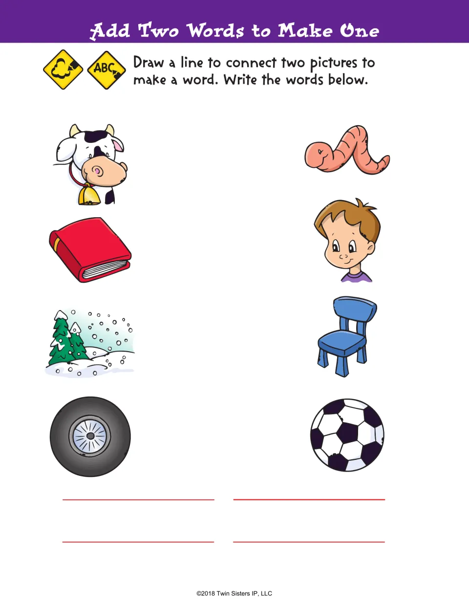 Compound words: students match pictures such as cow, worm, book, snow, chair and wheel to build words, then write them