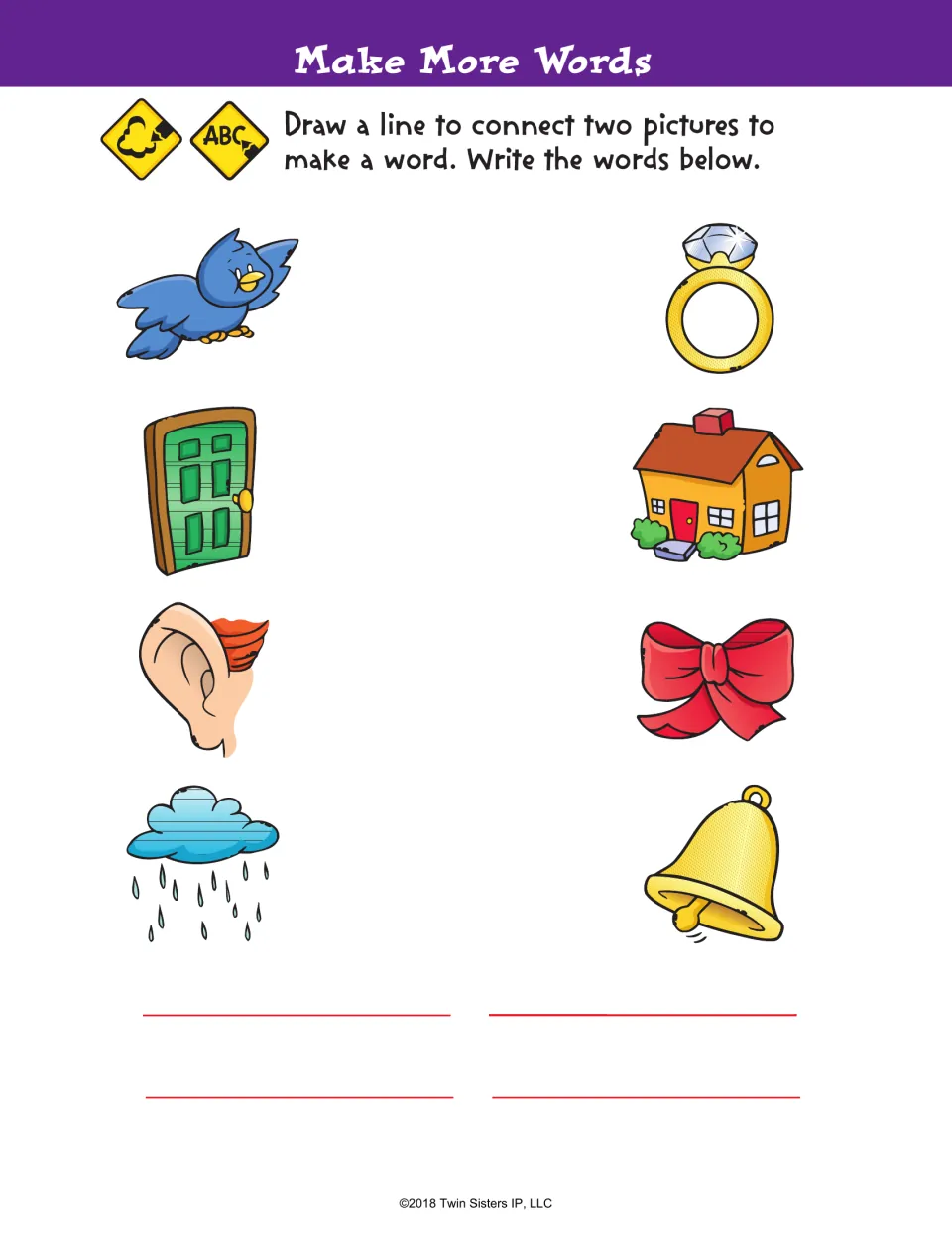 Make More Words: students link bird, door, ear and rain pictures to ring, house, bow and bell to form compound words