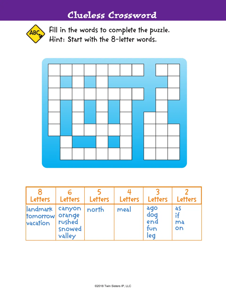Clueless Crossword: students place word-bank words sorted by letter count, such as landmark and canyon, into the puzzle