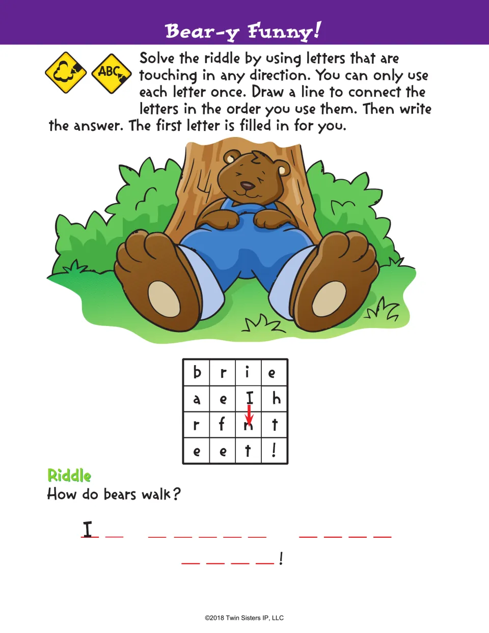 Bear-y Funny! riddle: students trace touching letters in a 4x4 letter square to answer 'How do bears walk?' and write it