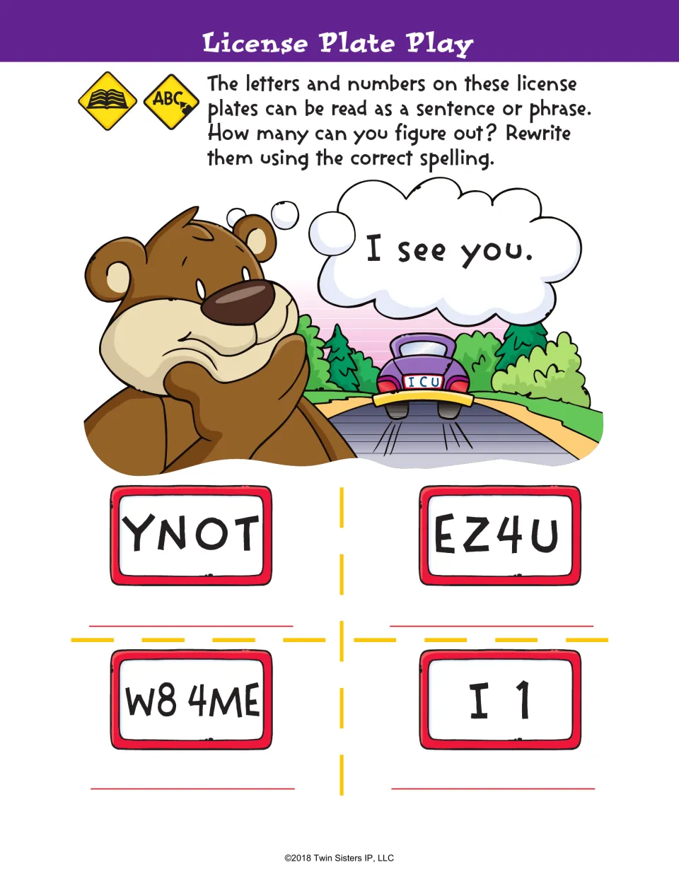 License Plate Play: students decode plates YNOT, EZ4U, W8 4ME and I 1 as phrases and rewrite them with correct spelling
