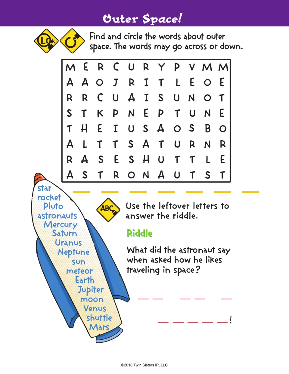 Outer Space! word search: students circle space words like Mercury and rocket, then use leftover letters to solve a riddle