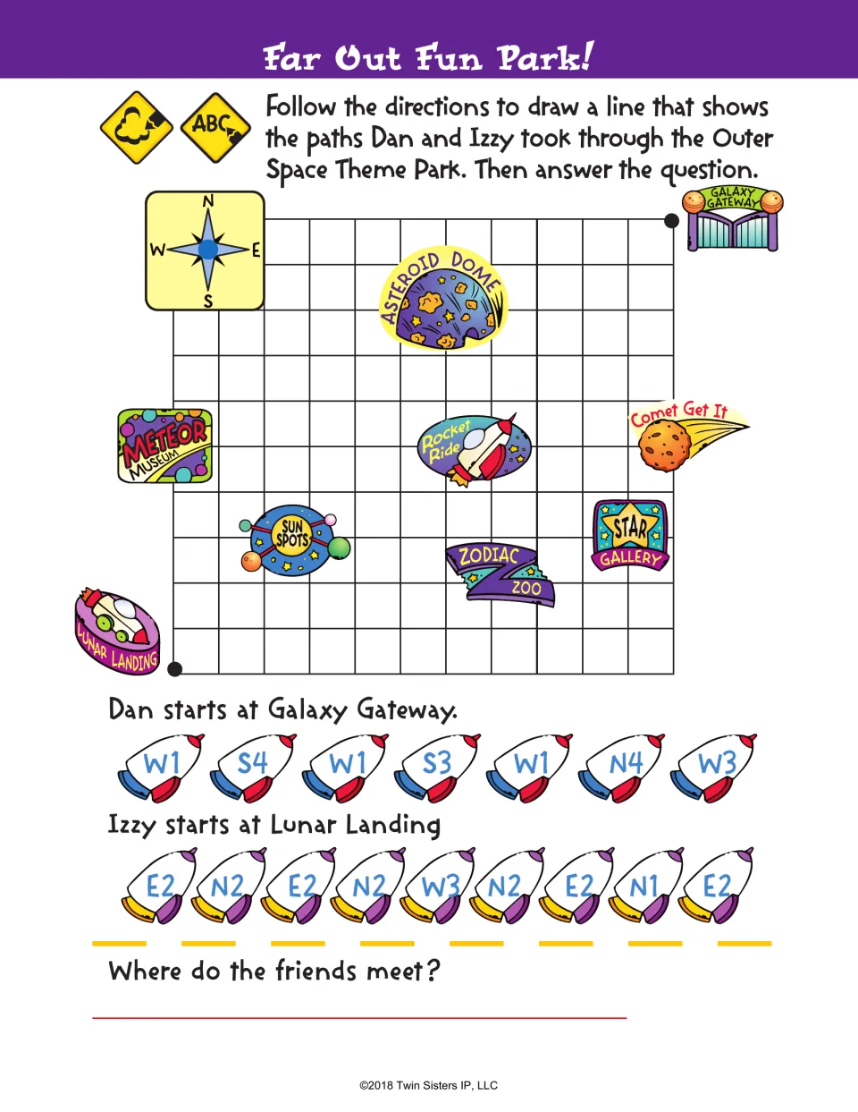 Far Out Fun Park!: students follow compass moves like W1 and S4 to trace Dan's and Izzy's paths and say where they meet