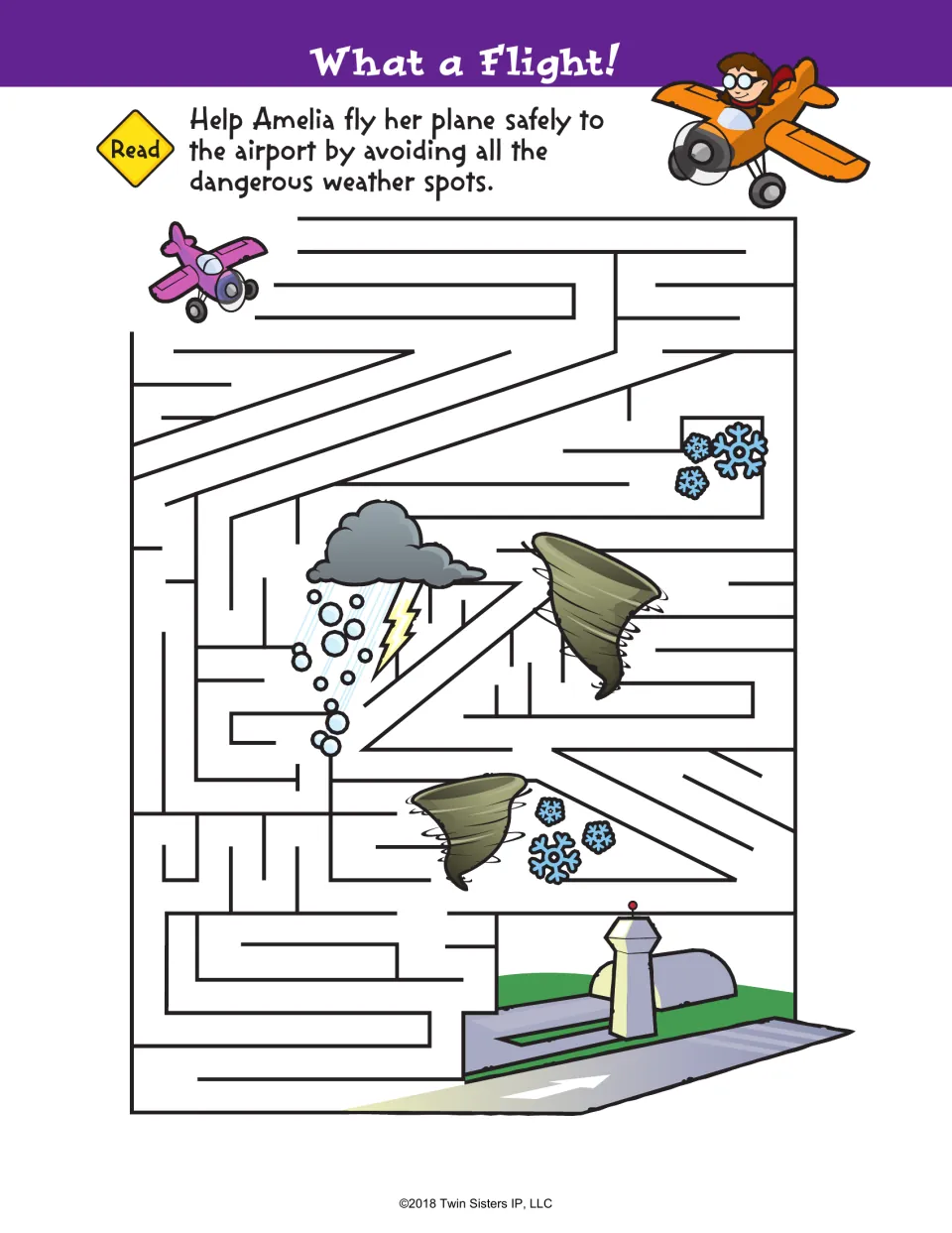 What a Flight! maze: students guide Amelia's plane to the airport while avoiding snowflakes, tornadoes and storm clouds
