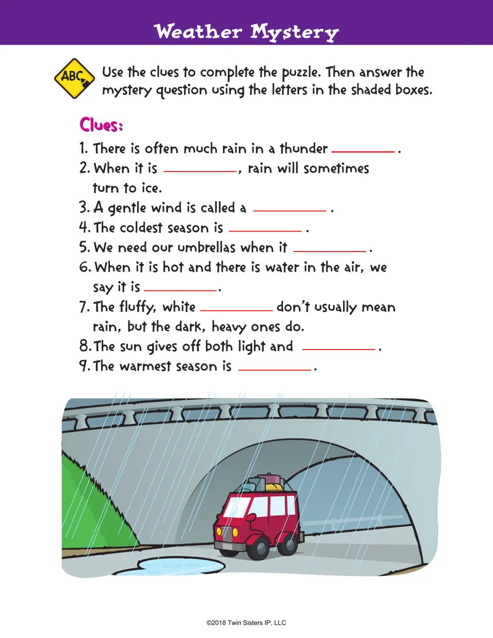 Weather Mystery clues: students fill in nine blanks about wind, seasons, rain and clouds to solve a mystery question