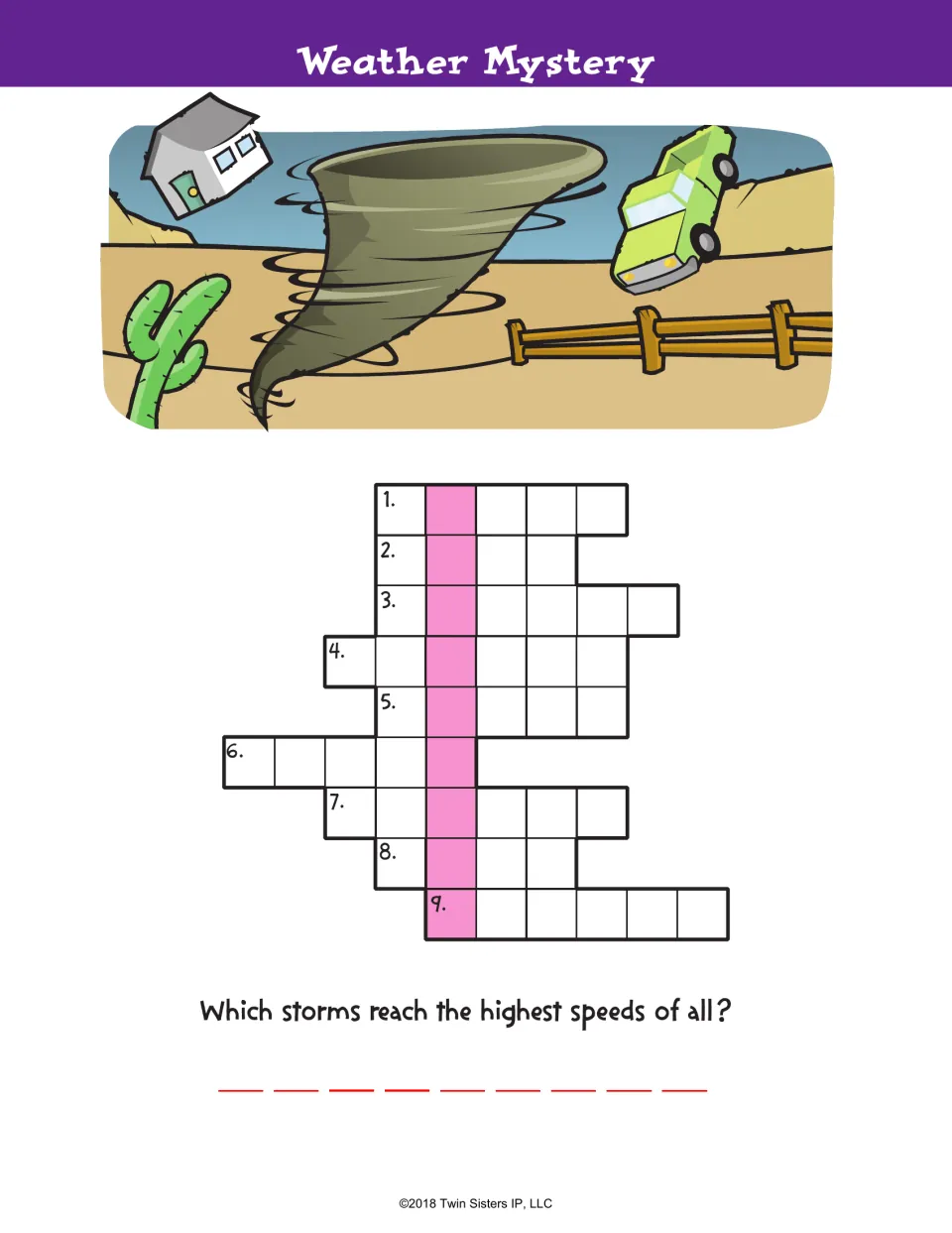 Weather Mystery puzzle: students enter nine weather words, then read the shaded letters to name the fastest storms