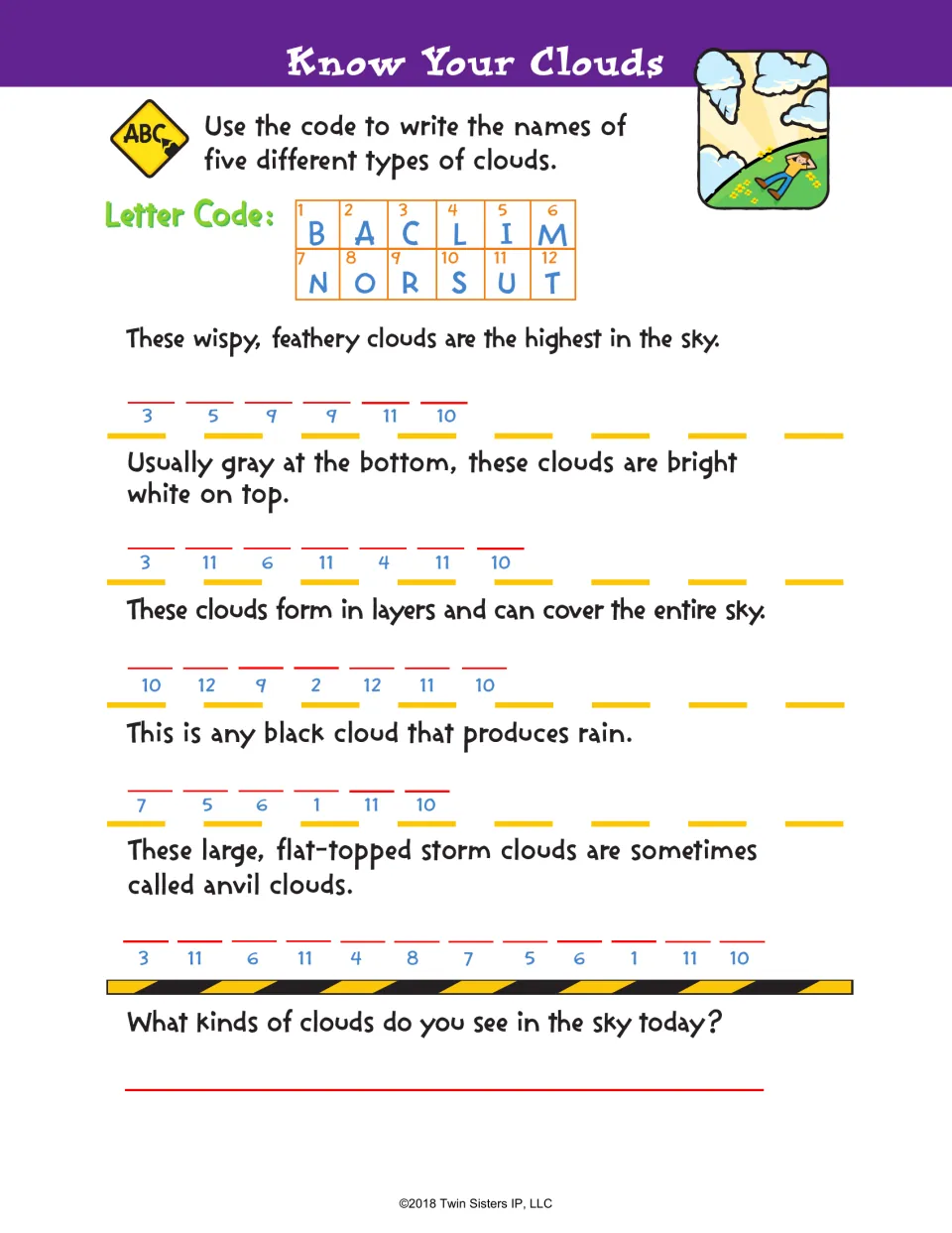 Know Your Clouds code puzzle: students use a number-letter code to spell five cloud types, then name clouds seen today