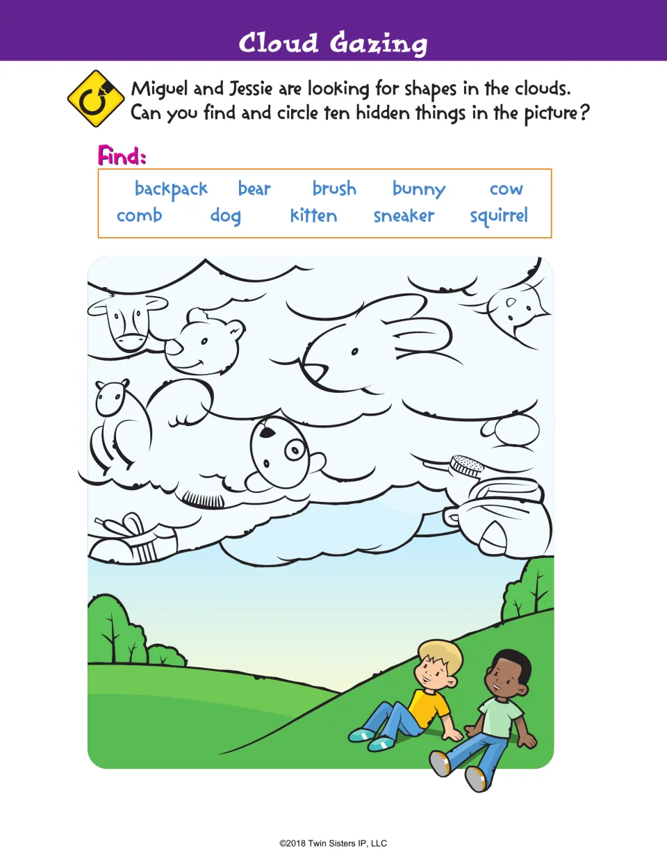 Cloud Gazing hidden pictures: students find and circle ten objects, such as a bear, comb and sneaker, in cloud shapes