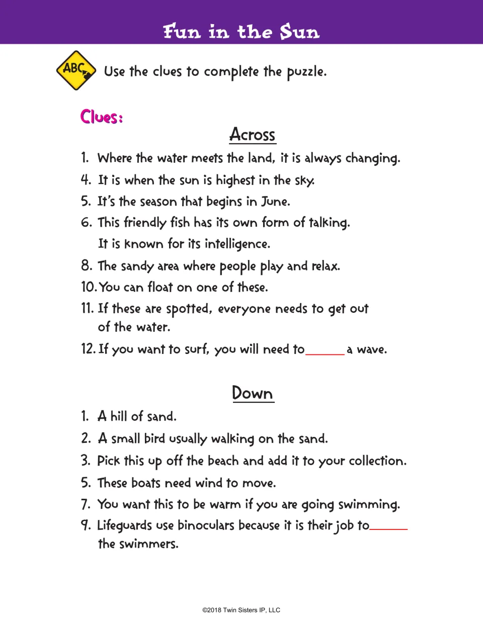 Fun in the Sun clues: students read across and down clues about dunes, dolphins, sharks, seashells and sailboats