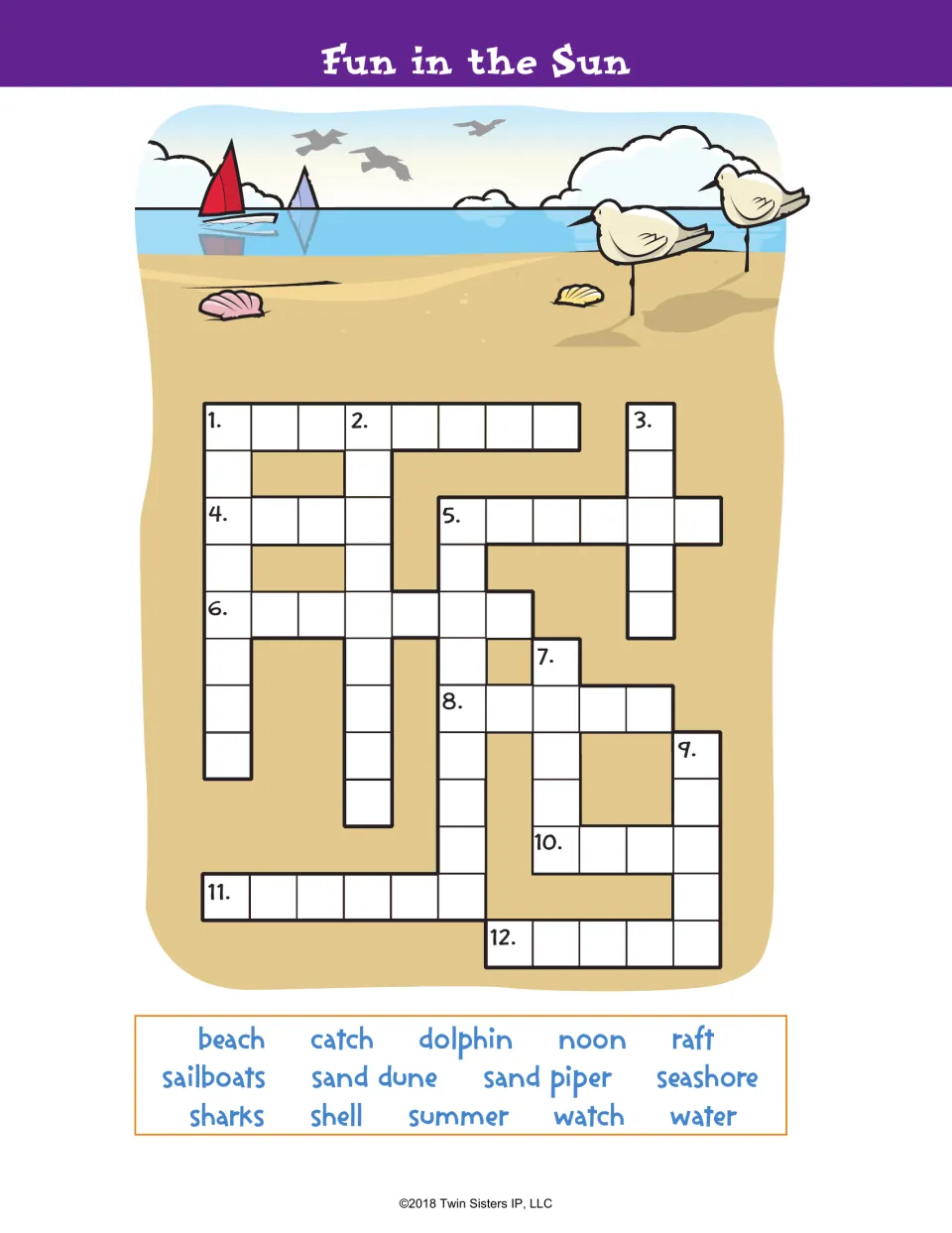 Fun in the Sun crossword with a beach scene and word bank: students fit words like seashore, dolphin and sand dune