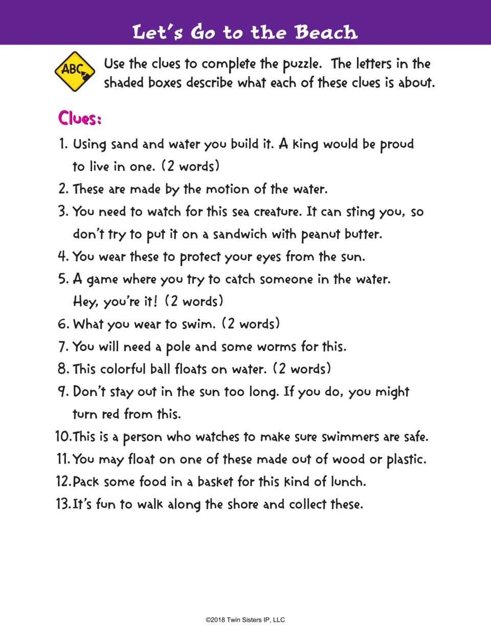 Let's Go to the Beach clues: 13 riddles on swimming, fishing, picnics and sun safety that students solve for a crossword
