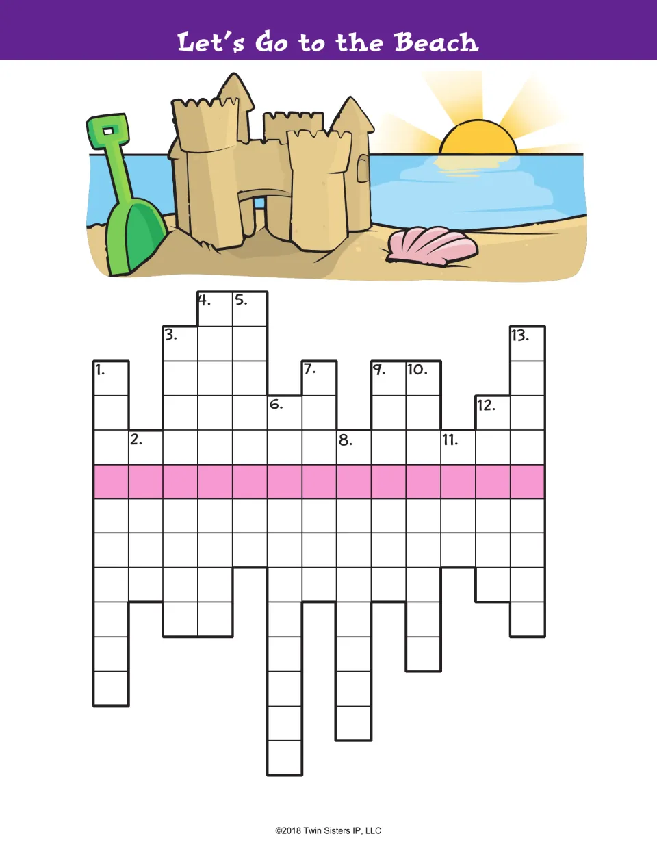 Let's Go to the Beach crossword below a sandcastle scene: students write 13 answers so a shaded row spells a hidden word