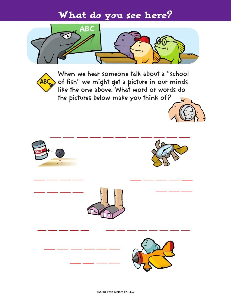 Picture word play: students write the word or phrase each picture suggests, such as a soup can bowling or house slippers