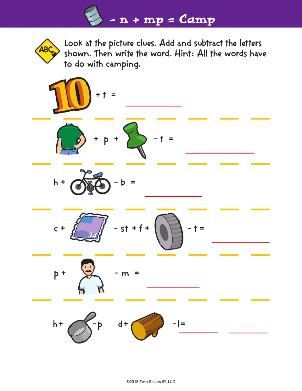Camping rebus words: students add and subtract letters from picture clues, like 10 + t, to spell camping words