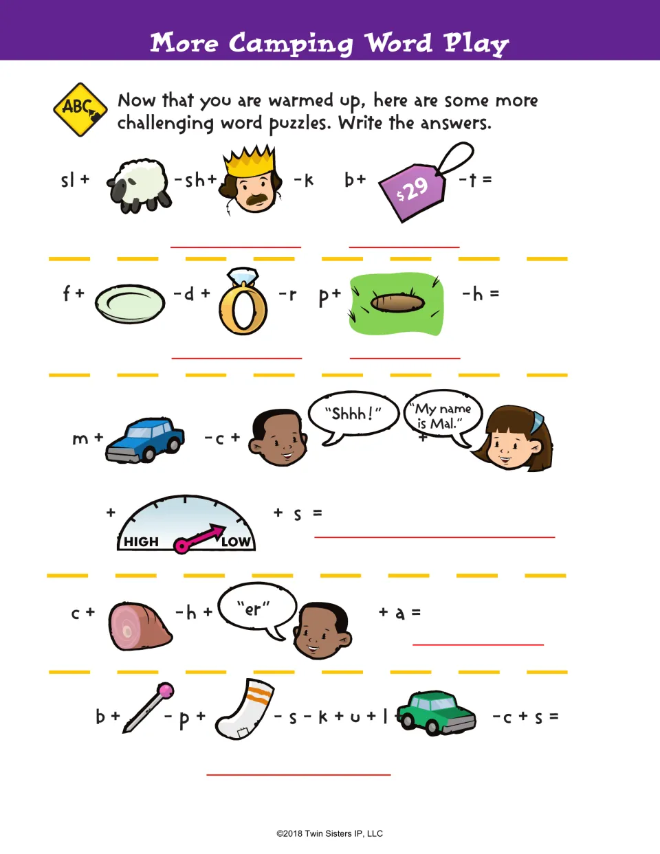 More Camping Word Play: harder rebus puzzles where students add and subtract letters from pictures to spell the answers