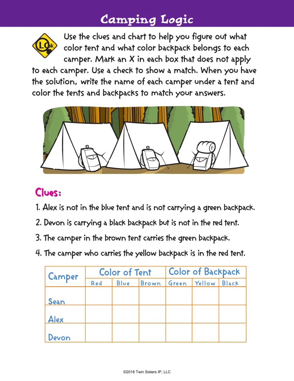 Camping Logic: students use four clues and a chart to match Sean, Alex and Devon to their tent and backpack colors