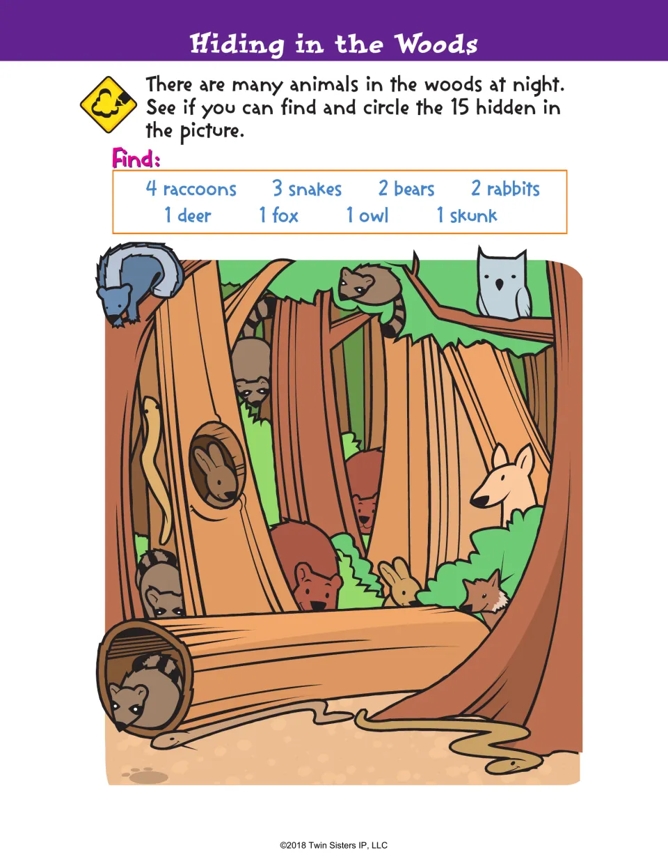 Hiding in the Woods: hidden picture search where students circle 15 animals, including raccoons, snakes, bears and an owl