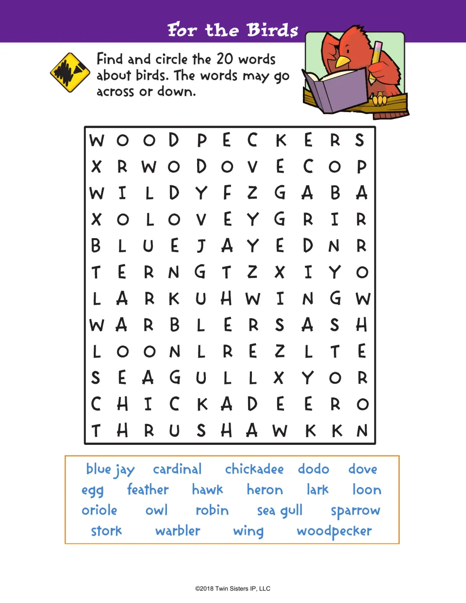 For the Birds word search: students find and circle 20 bird words, such as blue jay, heron and woodpecker, across or down