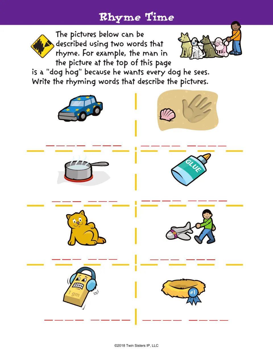 Rhyme Time: students write two rhyming words for each of 8 pictures, following the example of a man called a dog hog