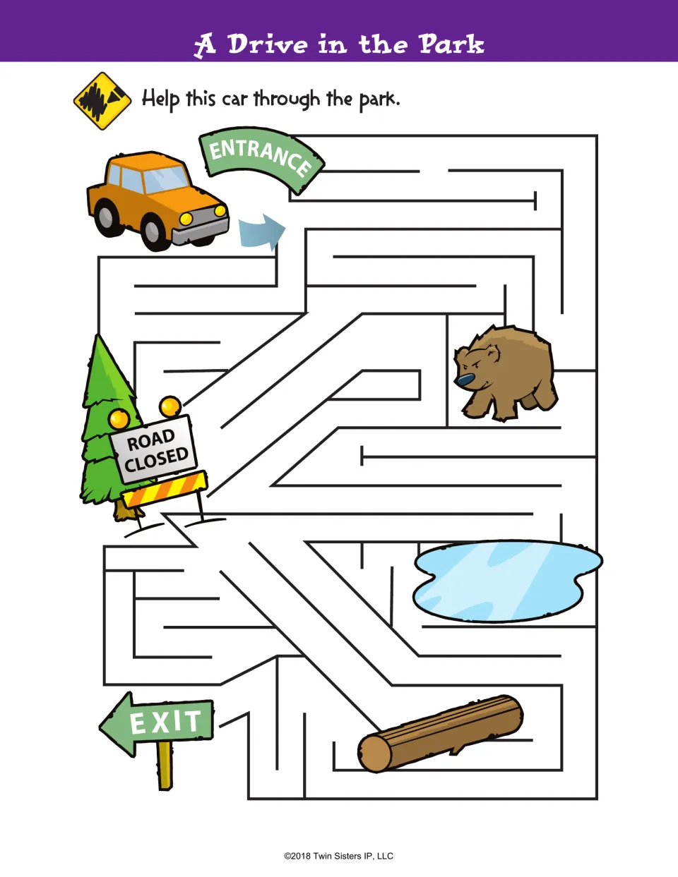 A Drive in the Park maze: students guide a car from the entrance to the exit, past a road-closed sign, a bear and a pond