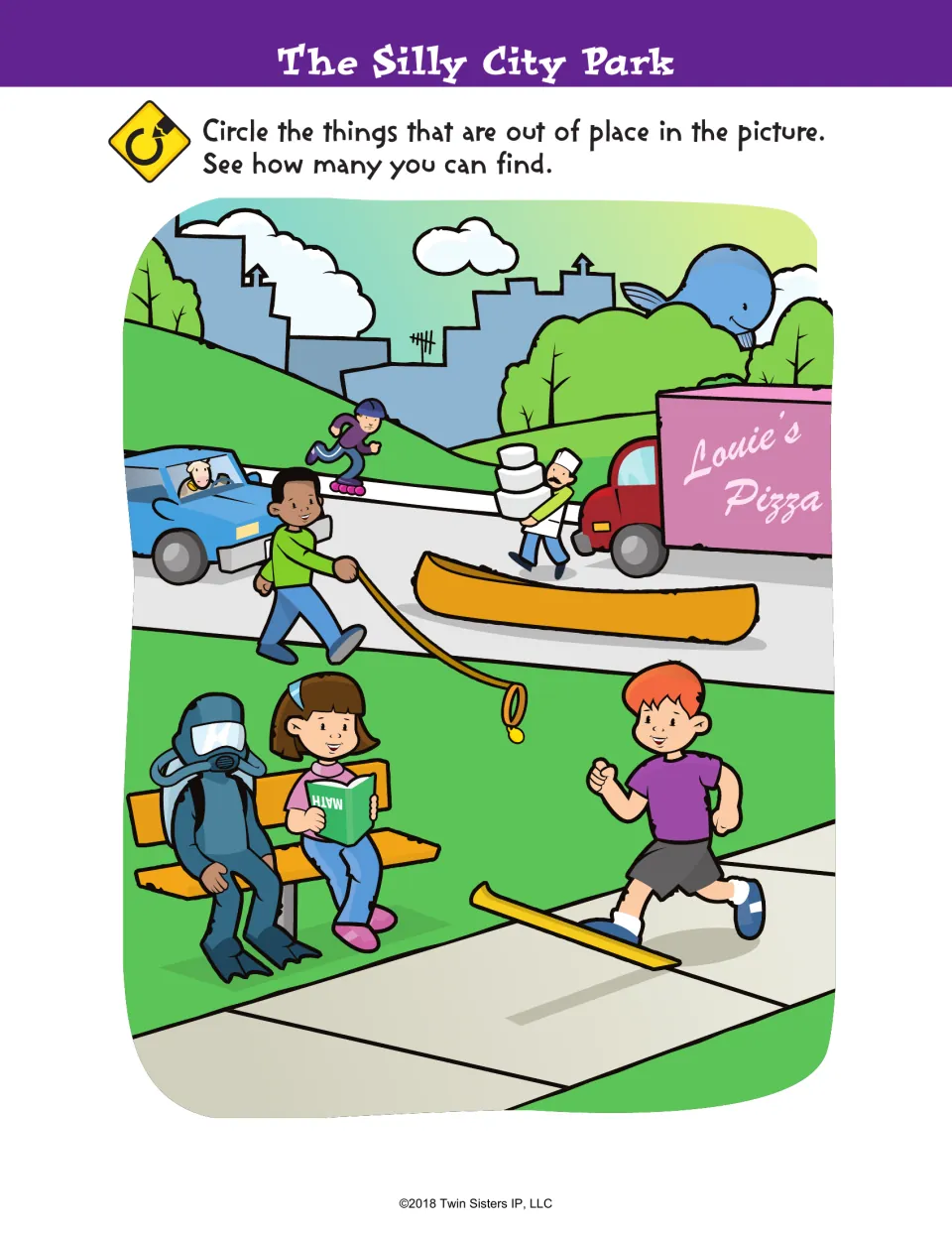 The Silly City Park: students circle out-of-place things in a park scene, like a diver on a bench and a canoe on the road