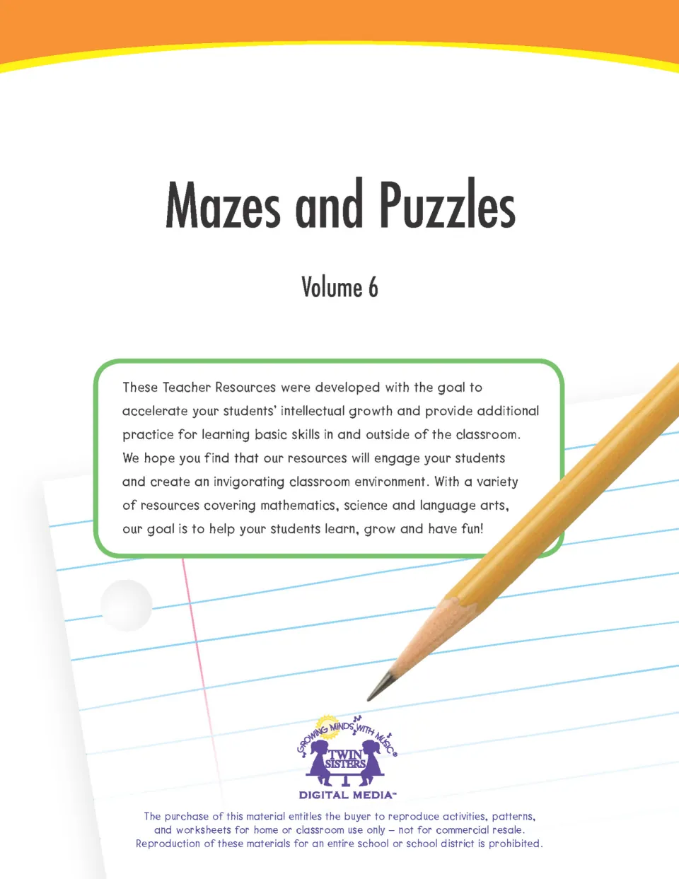 Mazes and Puzzles Volume 6 cover from Twin Sisters Digital Media with a teacher note and a classroom-use notice