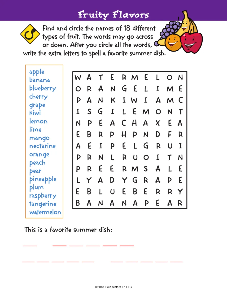 Fruity Flavors word search: students circle 18 fruit names across or down, then use extra letters to spell a summer dish