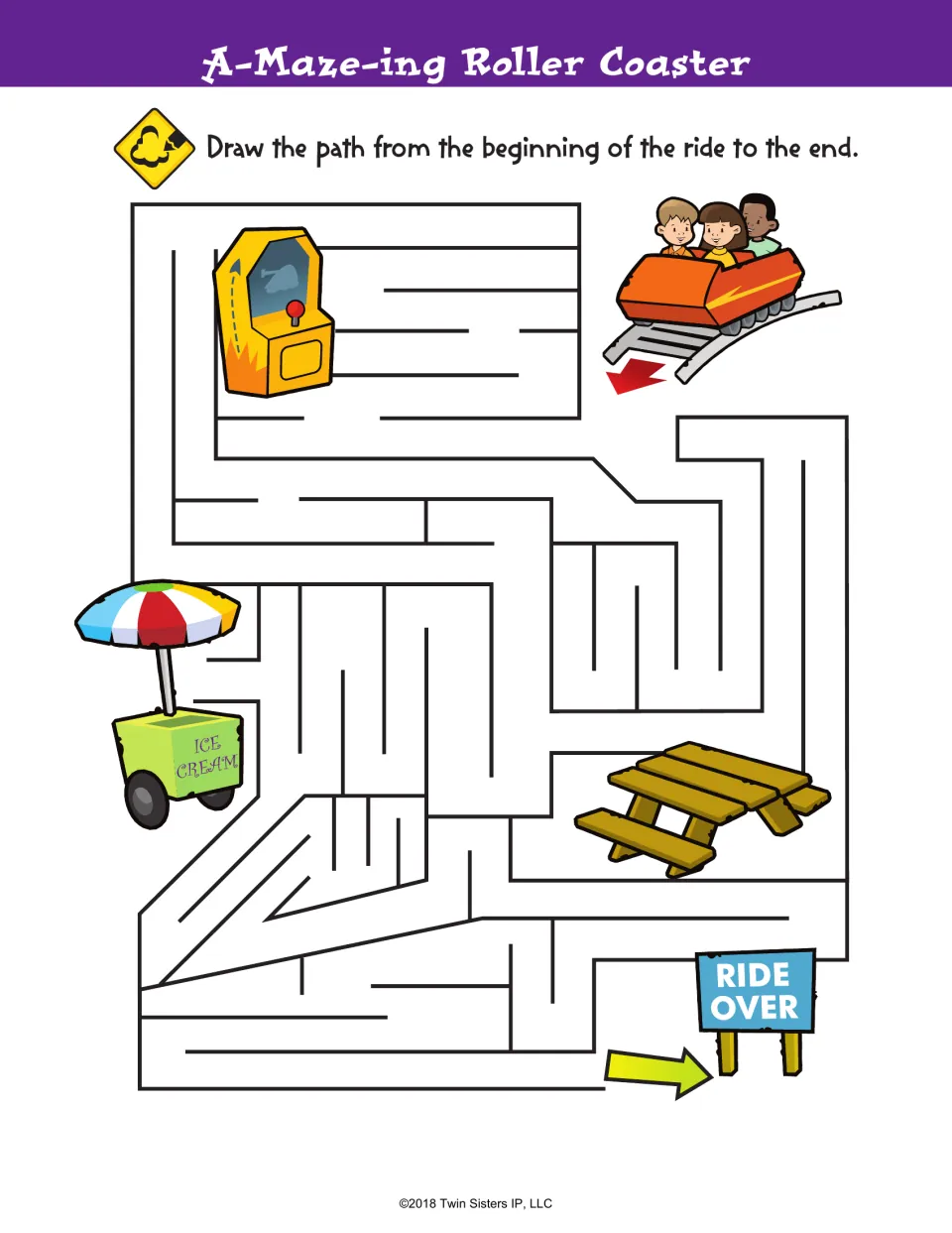 A-Maze-ing Roller Coaster: students trace a path from the coaster car to the Ride Over sign in an amusement park maze