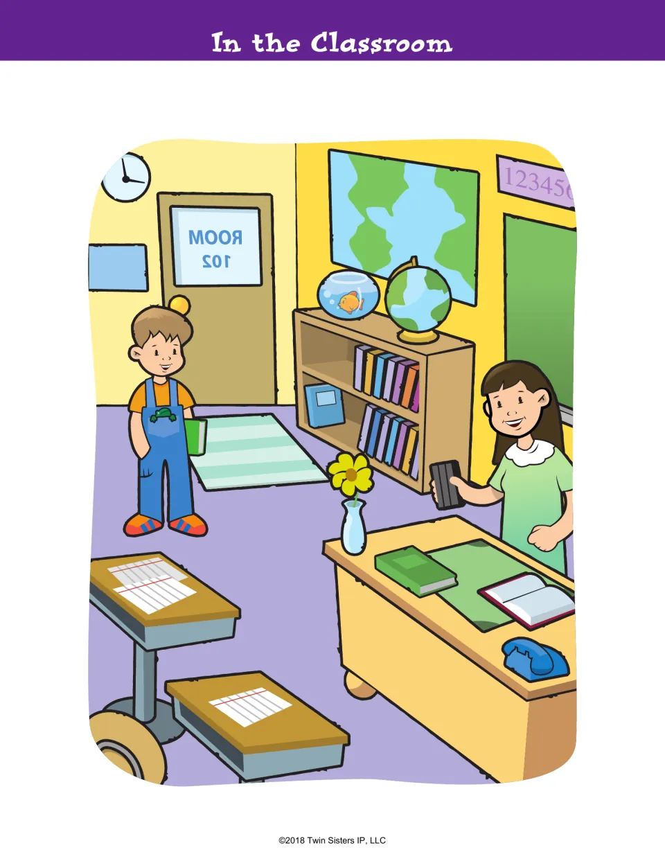 In the Classroom second scene: students find changes like a fishbowl, a flower vase and a backward Room 102 sign