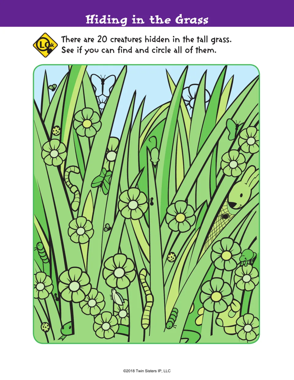Hiding in the Grass hidden picture: students find and circle 20 creatures such as a rabbit, worms and ladybugs