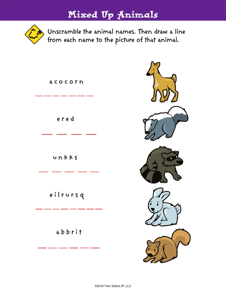 Mixed Up Animals: students unscramble five animal names such as ered and unkks, then draw lines to matching pictures