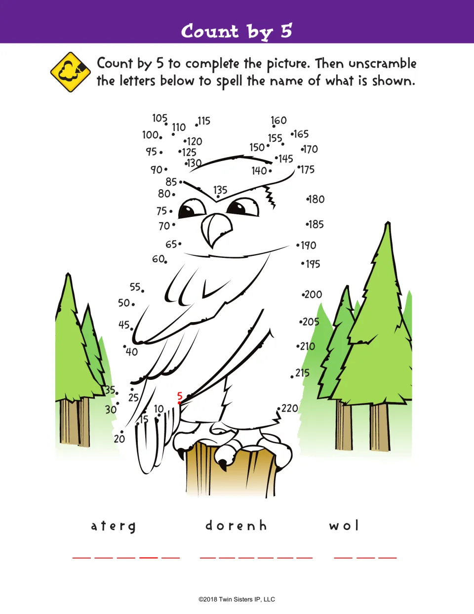 Count by 5 dot-to-dot: students skip count from 5 to 220 to draw a bird, then unscramble aterg, dorenh and wol