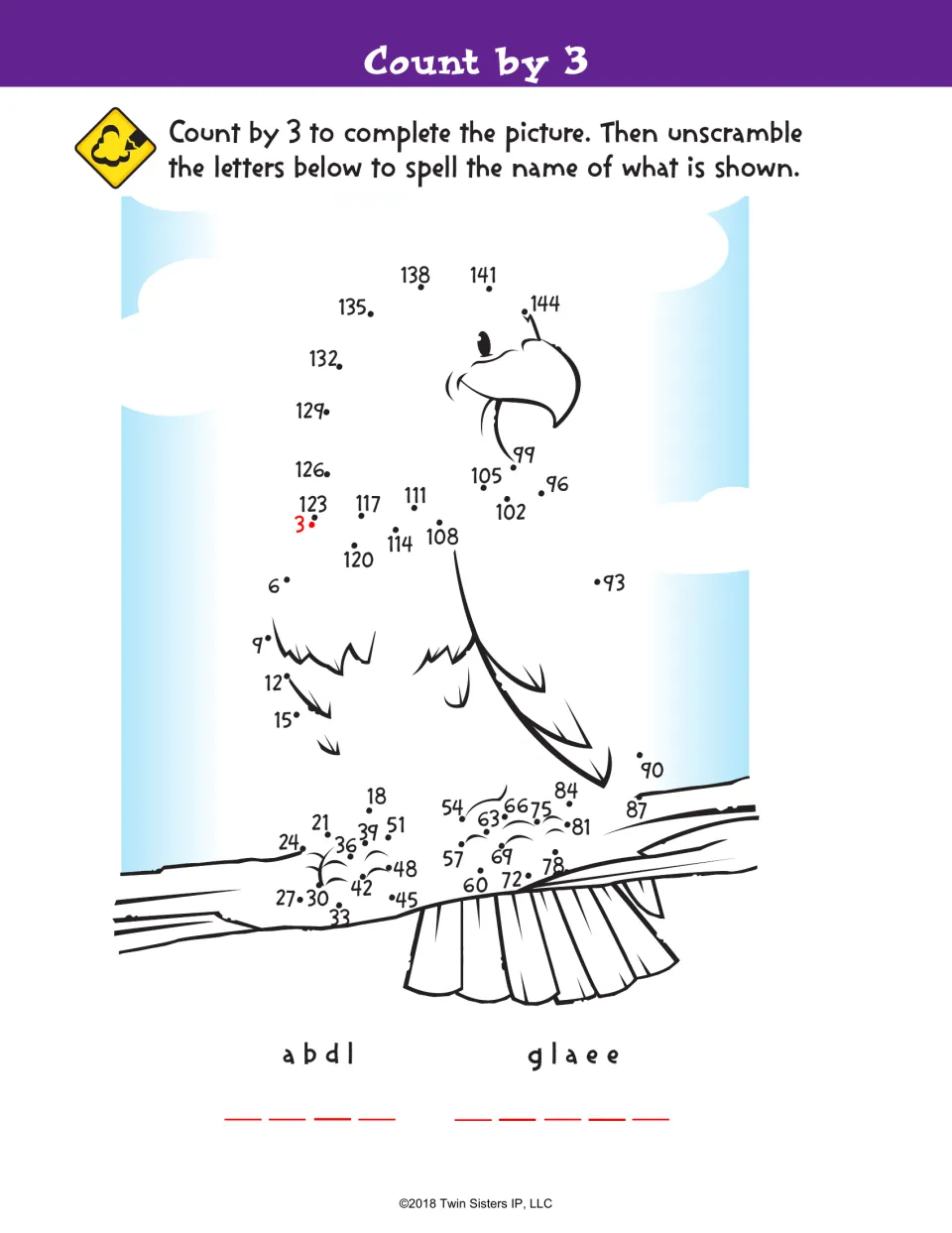 Count by 3 dot-to-dot: students connect dots from 3 to 144 to finish a perched bird, then unscramble abdl and glaee