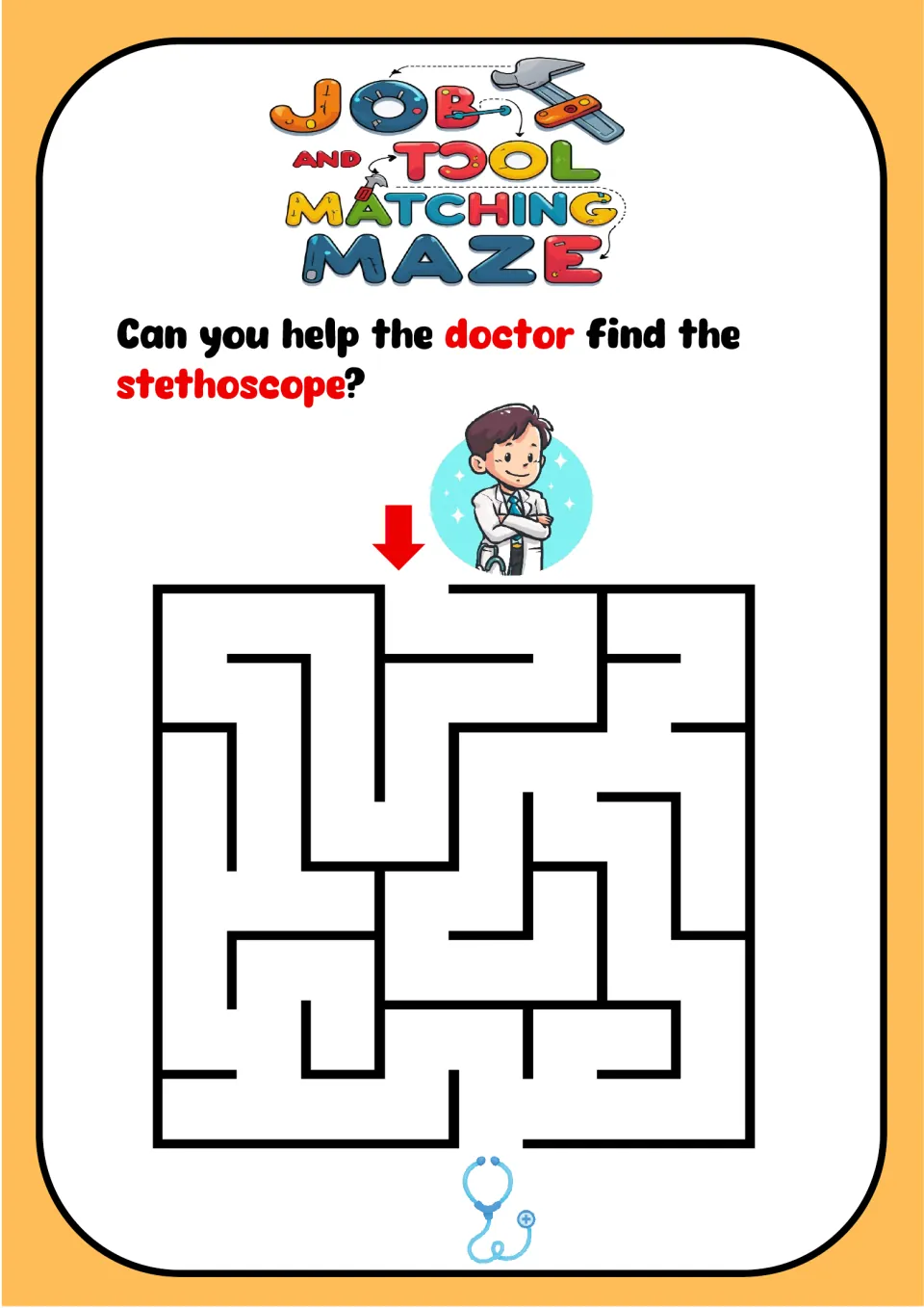 Job-and-tool maze asking children to help the doctor find the stethoscope by following a square maze.