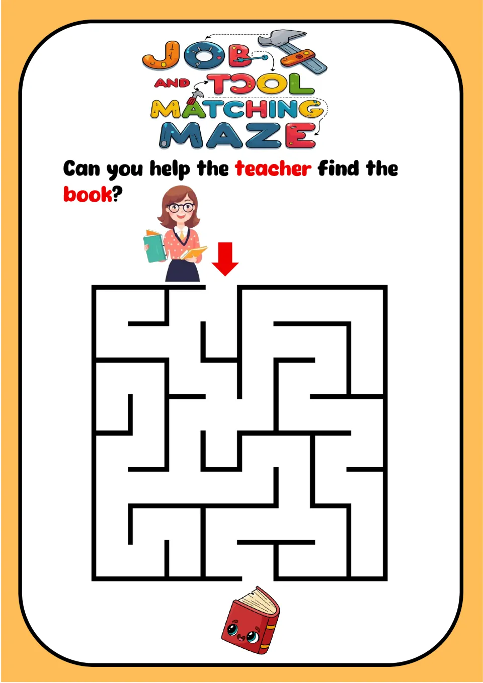 Job-and-tool maze asking children to help the teacher find the book by following a square maze to its exit.