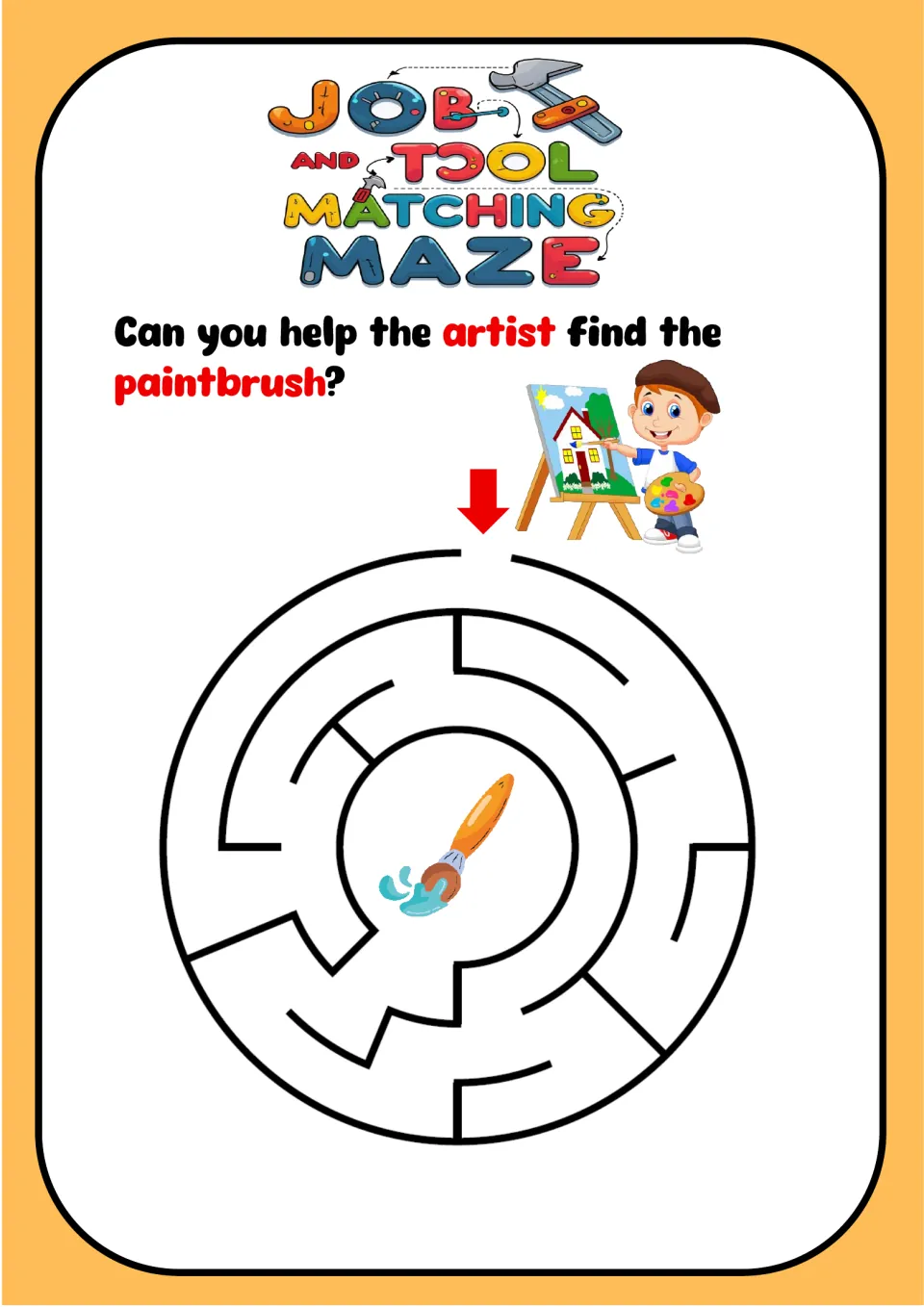 Job-and-tool maze asking children to help the artist find the paintbrush at the center of a circular maze.