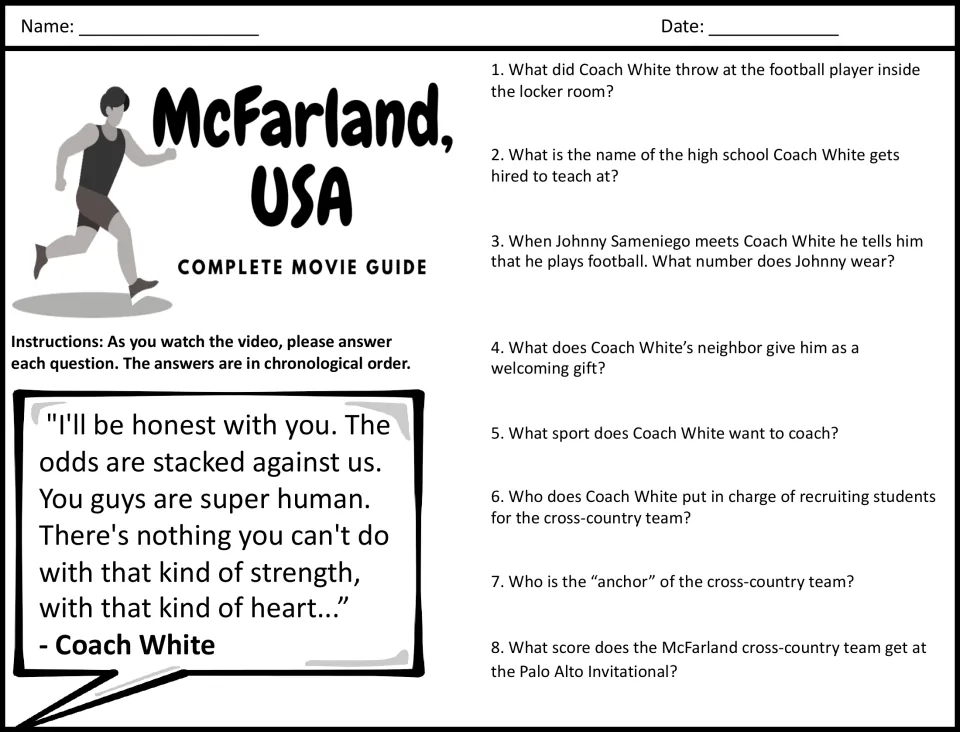 McFarland, USA movie guide: students answer questions 1-8 in order while watching, from Coach White's hiring to Palo Alto