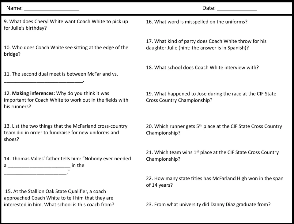 Viewing questions 9-23: students recall plot details through the CIF State Championship and make one inference