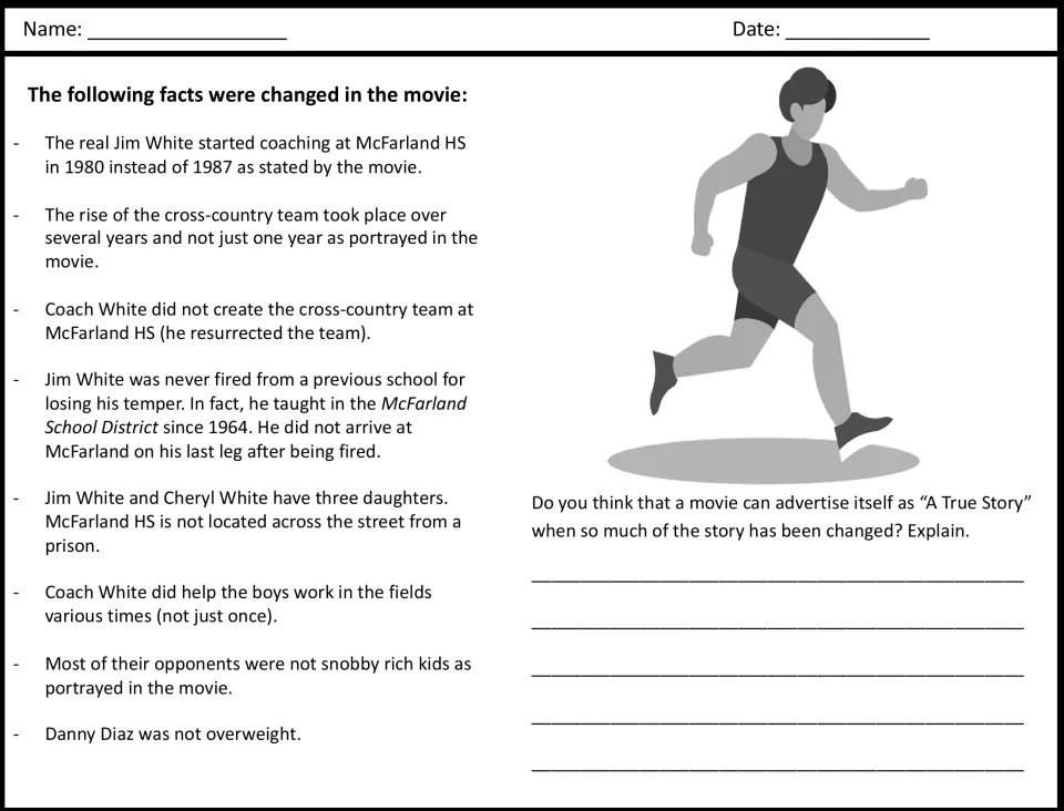 Fact vs. film: students read eight facts the movie changed about Jim White's team, then explain if 'A True Story' fits