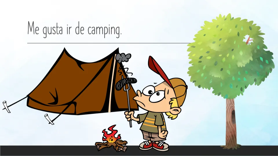 Spanish story page 3: “Me gusta ir de camping” (I like to go camping), with a child beside a tent and fire