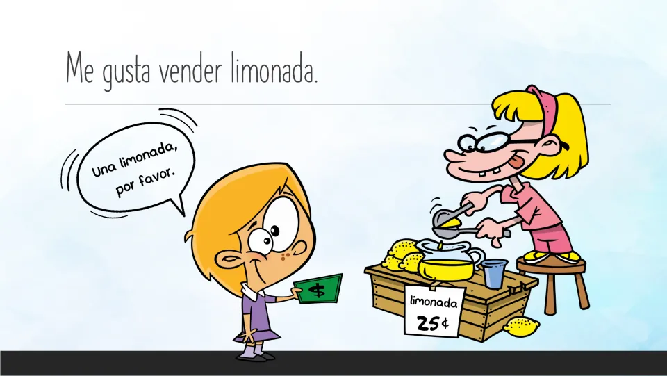 Spanish story page 8: “Me gusta vender limonada” (I like to sell lemonade), with a customer at a lemonade stand