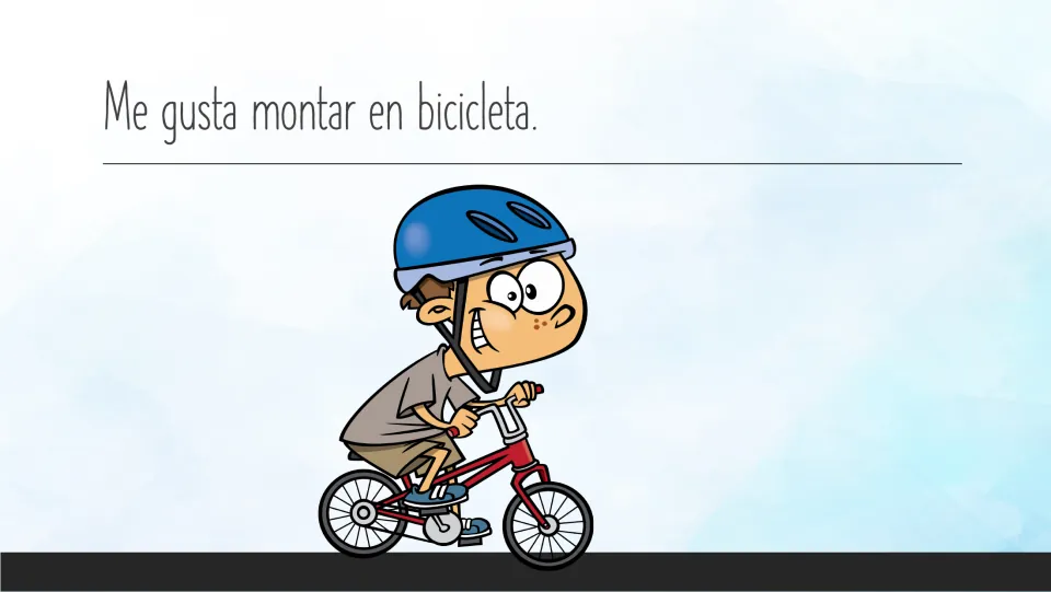 Spanish story page 9: “Me gusta montar en bicicleta” (I like to ride a bike), with a child wearing a helmet