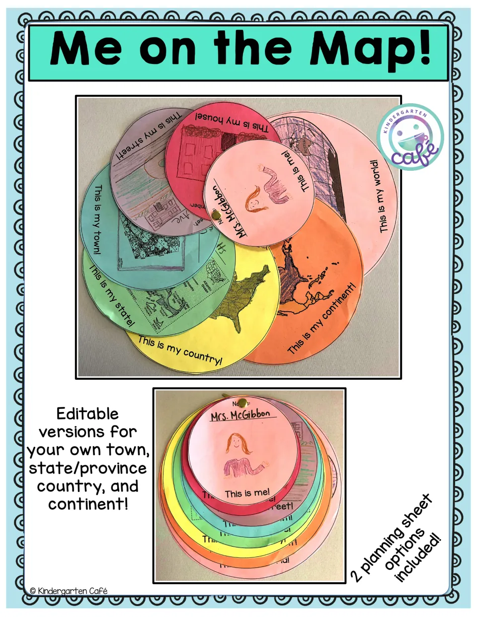 Cover: layered circle flip book of me, home, street, town, state, country, continent and world, with editable versions noted
