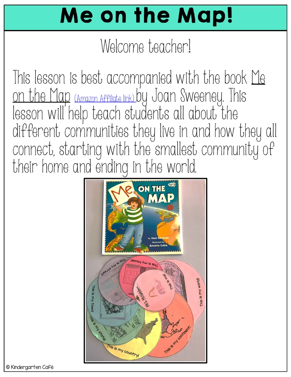 Teacher welcome note pairing the lesson with Joan Sweeney's picture book, tracing communities from home out to the world